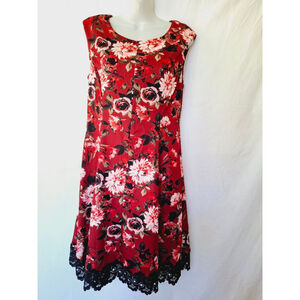 Roz & Ali Floral Size 12 Red Black Lace Trim Vamp Office Siren bloomcore dress